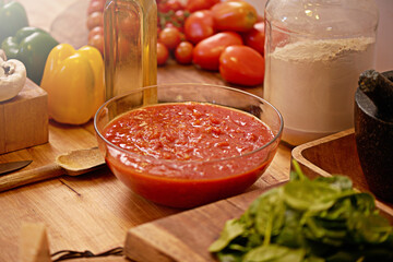 Cooking, food and sauce for pasta in kitchen for meal prep for dinner, supper and lunch in home. Recipe, diet and utensils on counter with ingredients, for wellness, nutrition and healthy eating