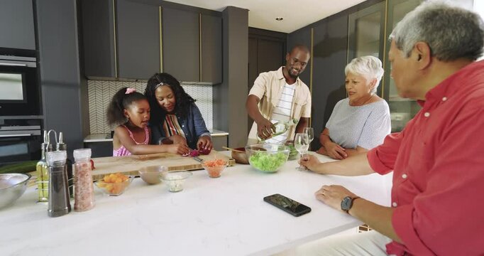 Preparing meal together, diverse family in modern kitchen having quality time and conversation