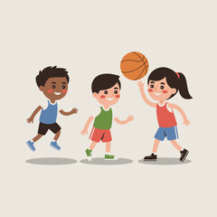 Kids Playing Basketball: Cartoon Illustration of Children's Sport Activity