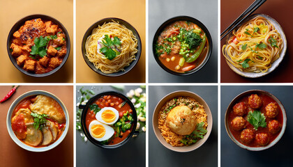 Overhead collage grid of diverse traditional foods with clean minimalist background
