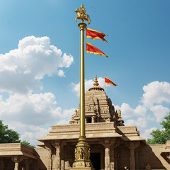 Elevated View of a Temple Shikara with a Tall Flagpole and Clear Blue Sky
