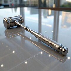Obraz premium Polished Chrome Gavel on Reflective Surface Justice Symbol Law Concept