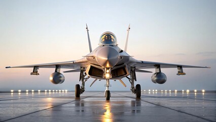 Modern Military Fighter Jet on Runway at Dawn Front View