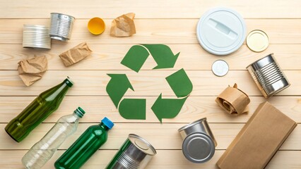 Obraz premium Recycling Concept Assorted Recyclable Materials with Green Recycle Symbol on Wooden Background