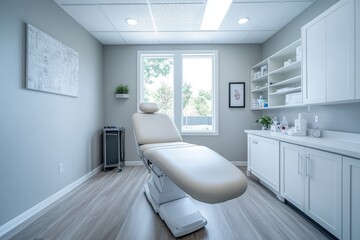 A modern hospital room with a white medical bed, wooden floor, and gray walls. The scene includes an iron frame for a metal headboard. 