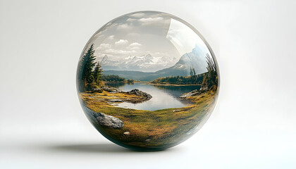 A serene landscape captured within a glass sphere, showcasing mountains, a river, and lush greenery