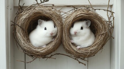 Two white hamsters nestled in decorative bird nests.