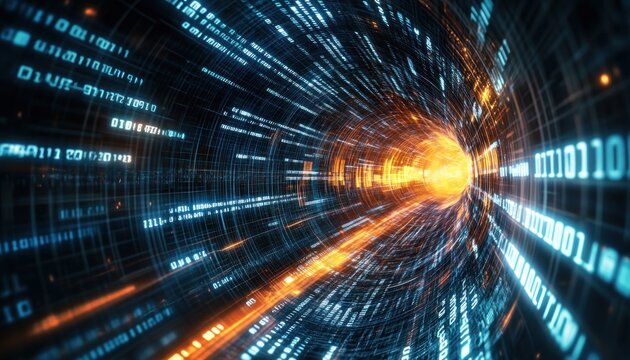 A high-tech visualization of binary code streaming through a glowing digital tunnel