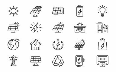 Renewable Energy Icon Set: Solar Panels, Wind Power, and Sustainable Resources