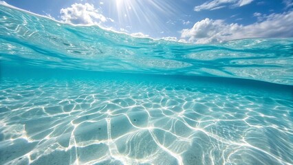 This image captures the breathtaking clarity of turquoise ocean water from an underwater perspective, showing the sun's rays dancing on the white sand, and a glimpse of the blue sky and clouds