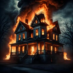 Burning Victorian House at Night