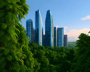 Fototapeta premium Lush jungle frames modern skyscrapers under a clear sky