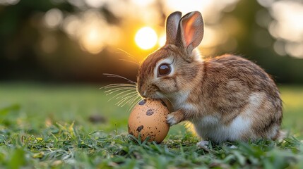 Fototapeta premium A small brown rabbit enjoys a speckled Easter egg at sunset.