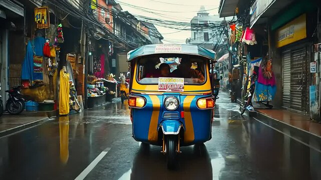 Colorful auto-rickshaw navigating through a bustling market street with vibrant stalls and shops