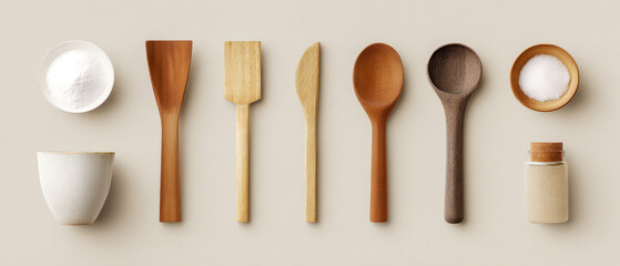 A collection of wooden spoons and a salt shaker