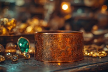 A wide copper bracelet with ancient illustrations engraved on it, placed in an antique store filled with various gemstones and gold ingots. 
