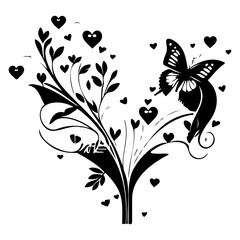 Fototapeta premium Black and White Butterfly Heart Tree Illustration