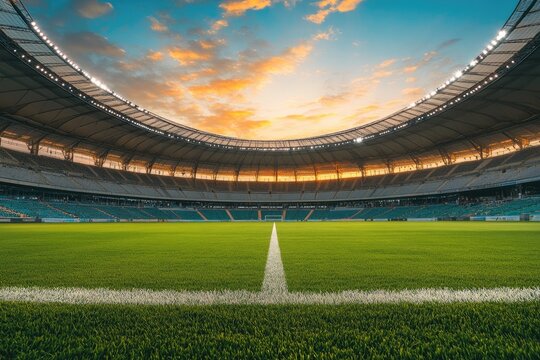 A wide-angle photo of an empty soccer stadium at sunset, with green grass and white lines on the field, and stadium lights illuminating the stands where fans are cheering for their team. 
