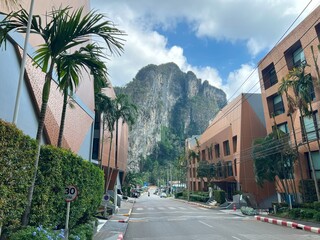Thai street with limestone backdrop