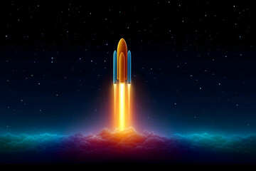 Rocket launching into starry night sky