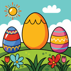 Download a vibrant Easter Sunday 2025 vector featuring colorful eggs, blooming spring flowers, and a radiant sunrise. Perfect for seasonal designs and festive projects.