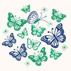 Illustration of collection of green and blue butterflies isolated on white background