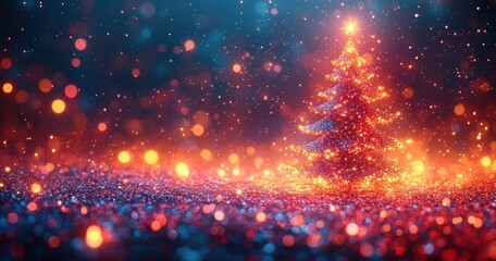 Merry Christmas and Happy New Year festive message with glowing abstract Christmas tree sparkling lights on red background with snowflakes