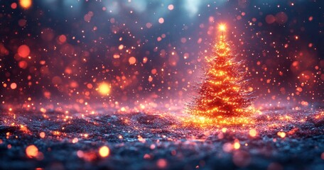 Naklejka premium Christmas Tree Decorations Merry Christmas Happy New Year Bright Lights Snowflakes Red Background