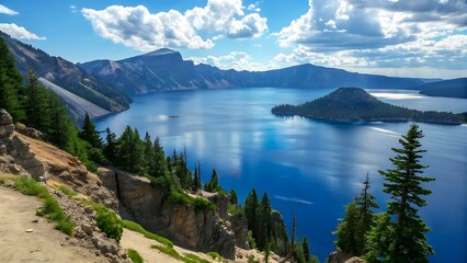 Naklejka premium Serene Mountain Lake with Rocky Cliffs, Pine Trees, and Vibrant Reflections in Summer