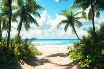 Obraz premium Serene tropical beach with palm trees under a clear blue sky and soft white clouds