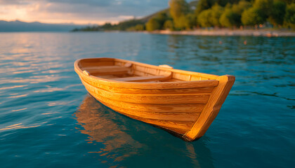 Naklejka premium Serene wooden rowboat floats on calm lake at sunset, reflecting golden light