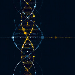 A blue and yellow DNA strand with many small dots