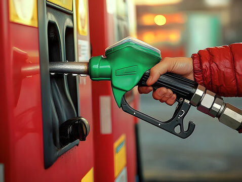 man hand holding a green gas nozzle. A man's hand is pulling the fuel dispenser out of the red meter cabinet. E20 uses a green fuel nozzle. Woman is holding a gasoline fuel pistol at gas station.