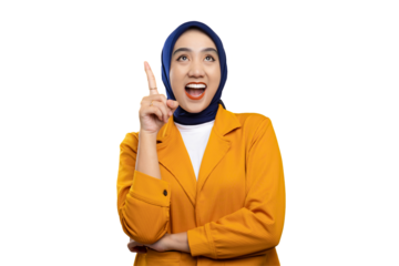 Excited Asian woman pointing up with a bright idea isolated on transparent background
