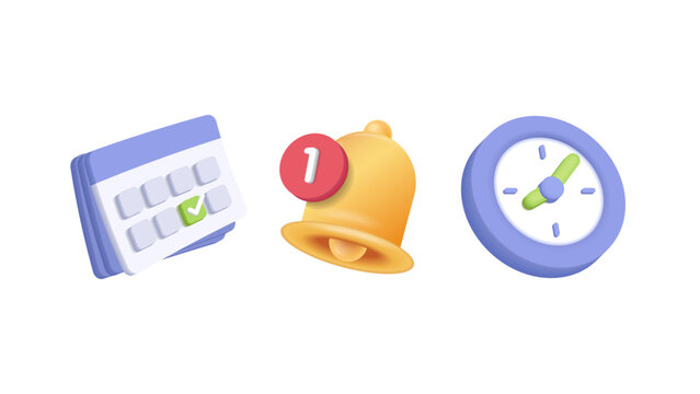 3D Calendar Icon with Checkmark, Time and Notification. Schedule, Appointment, Deadline, Planning Vector Illustration.