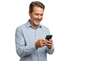 A smiling man holding a smartphone, isolated