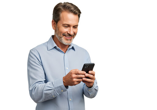 A smiling man holding a smartphone, isolated - Powered by Adobe