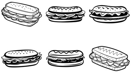 Black and white illustration of various sandwiches and hotdogs, isolated and stylized