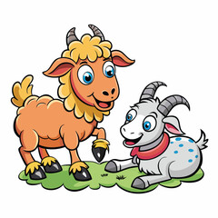Obraz premium Two friendly cartoon farm animals, a sheep and a goat, on a grassy patch