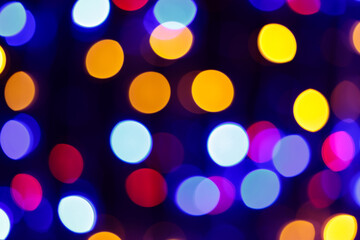 Bright Multicolored Bokeh Circles in Defocused Abstract Background, Vibrant Festive Lights