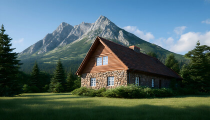 Obraz premium Stone cabin nestled in a mountain valley