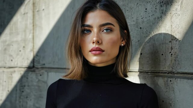 Portrait of a beautiful young woman with blue eyes posing near textured concrete wall and wearing a black turtleneck top under sunlight.