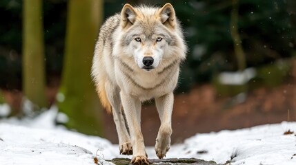 Fototapeta premium Majestic Wolf Walking Through Snowy Forest Landscape in Winter