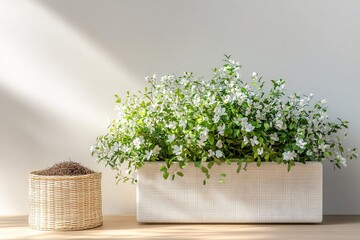 White Flowers in a Woven Rectangular Planter