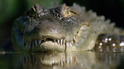 Fototapeta premium Close Up of Crocodile Head Emerging from Calm Water Surface