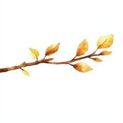 Yellow Leaves on Branch in Watercolor Style with White Background