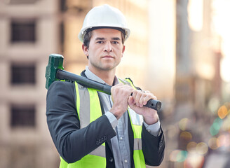 Man, building and portrait with hammer for construction at site for demolition or home renovation....