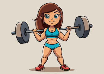 A cartoon illustration of a muscular fitness girl in a bikini lifting a heavy barbell with one hand, showcasing strength and athleticism.