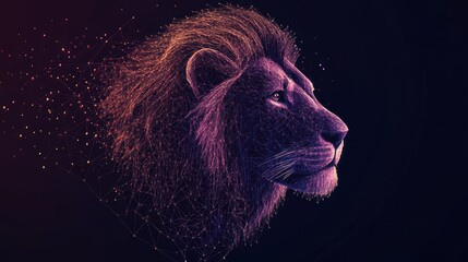 Naklejka premium Digital lion profile, dark background, glowing lines, abstract art, website banner
