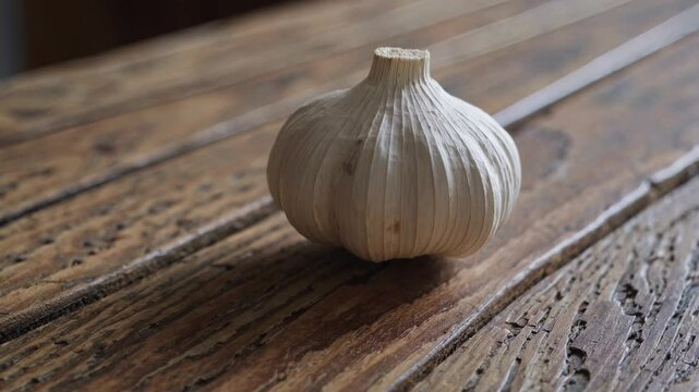 Close-up video of a garlic bulb on a rustic wooden table. Shot from a low angle, highlighting texture and natural lighting for a rustic feel.